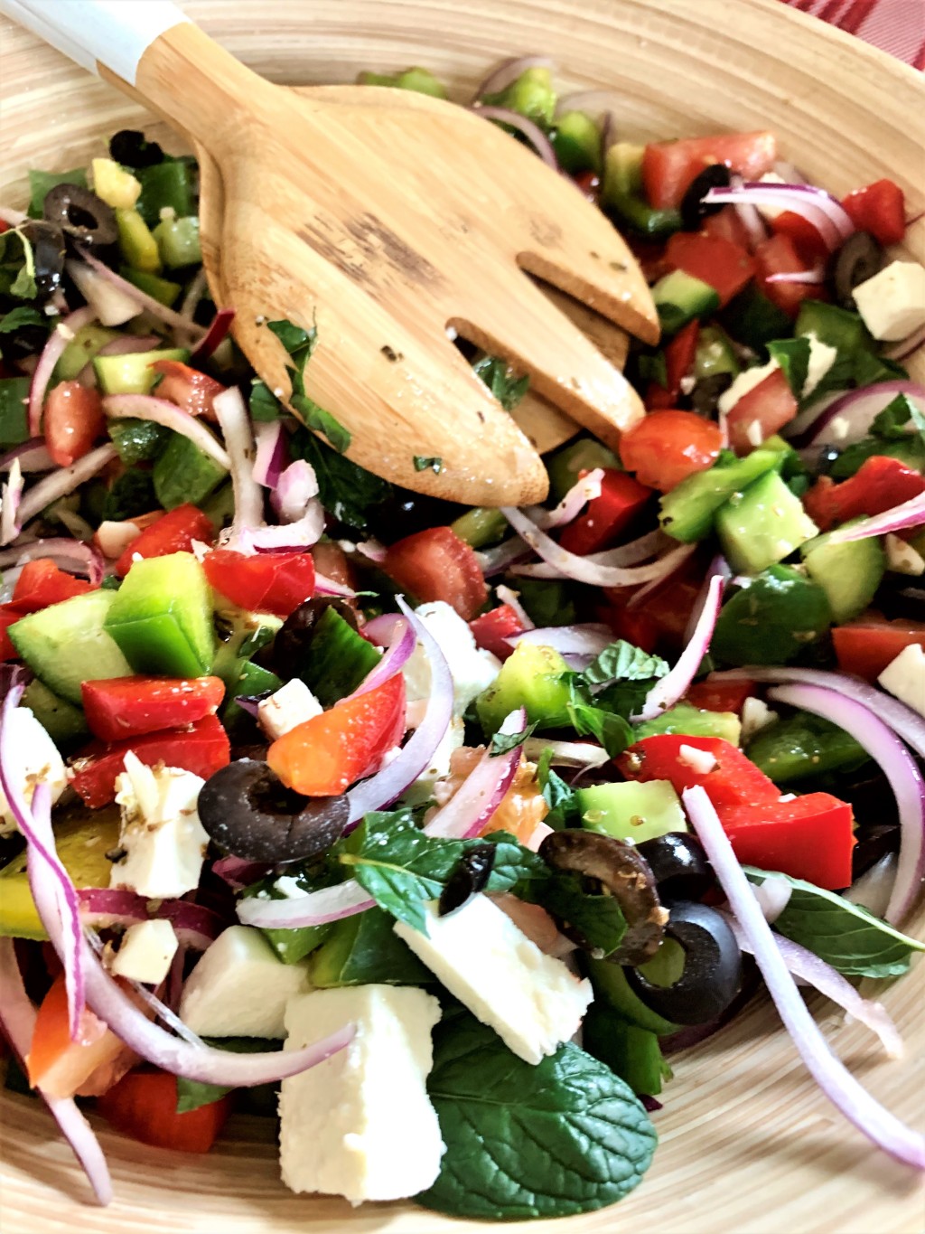 Image shows a close up of the greek salad
